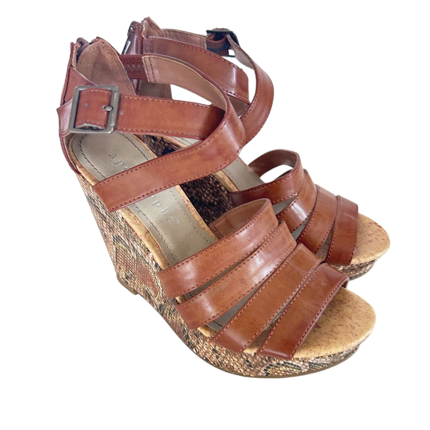 Apostrophe Brown Leather Snakeskin Wedge Ankle Strap Heels Womens Size 5.5