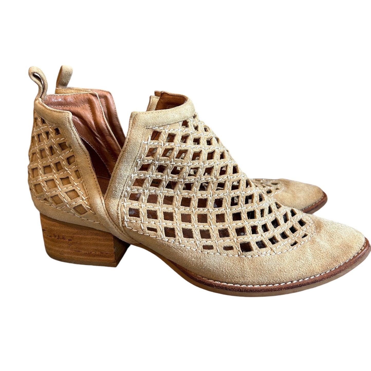 Jeffrey Campbell Taggart Tan Suede Lattice Cutout Ankle Bootiie Boot Size 9.5