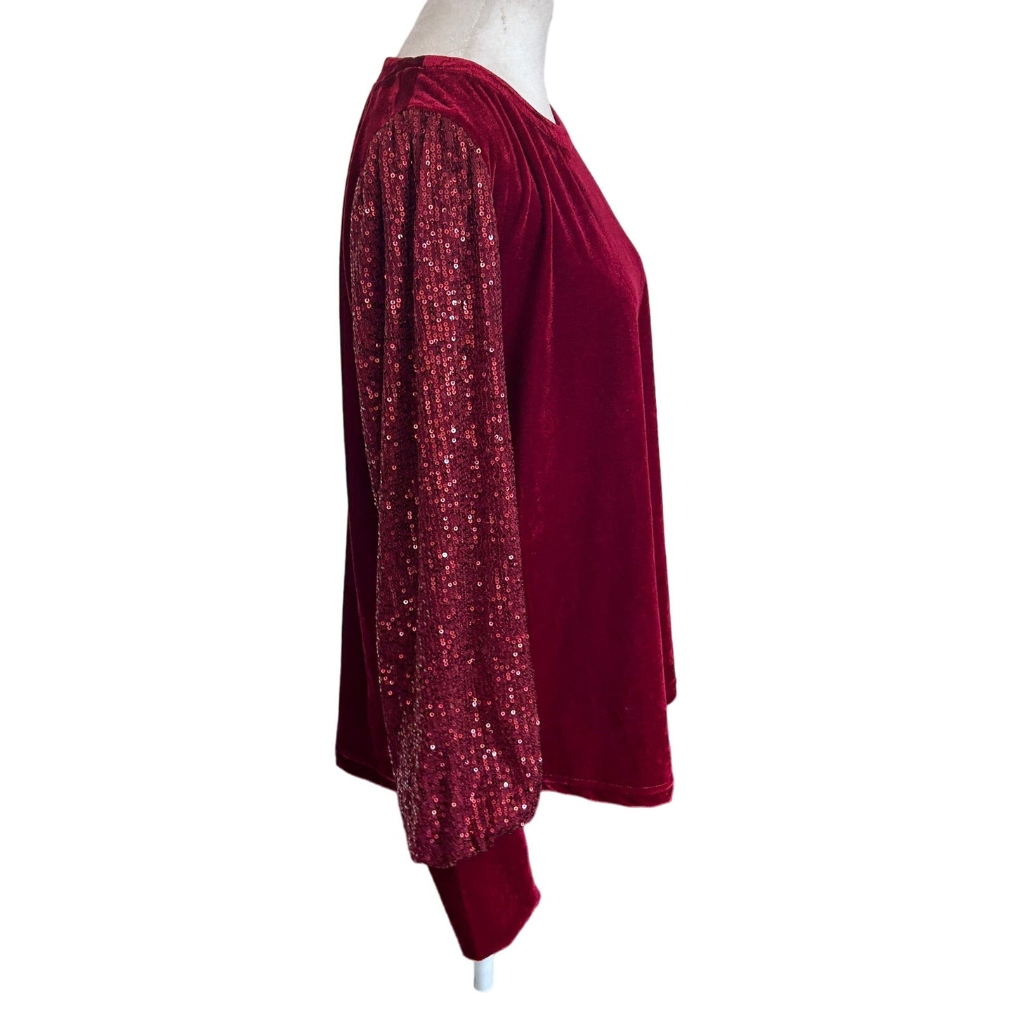 Mystree Burgundy Velvet and Sequin Tunic Pullover Top Womens Size Large