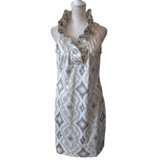 Gretchen Scott Tan and Ivory Ikat Ruffle Neck Sleeveless Stretch Dress Size XS