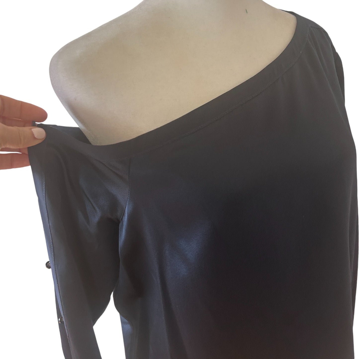 Worth New York Navy Silk One Shoulder Long Sleeve Blouse Top Womens Size 10