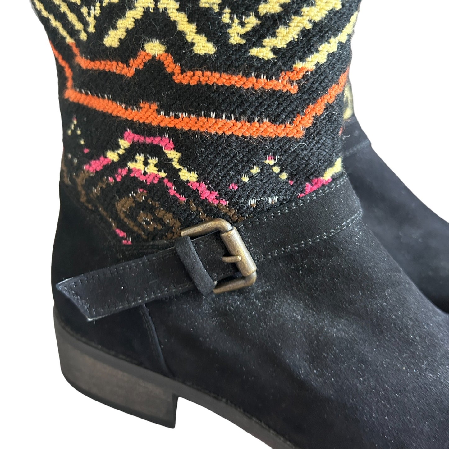 Desigual Black Suede Embroidered Tall Boots Tribal Boho Western Size 39 US 8