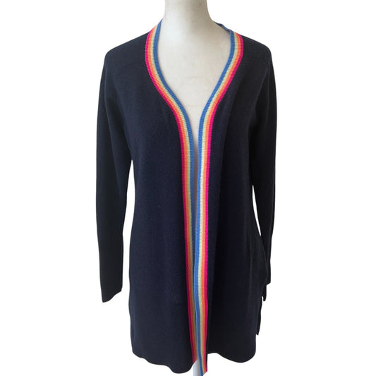 Hannah Rose NWT Navy Blue Rainbow Trim Cashmere Cardigan Womens Size Small NEW