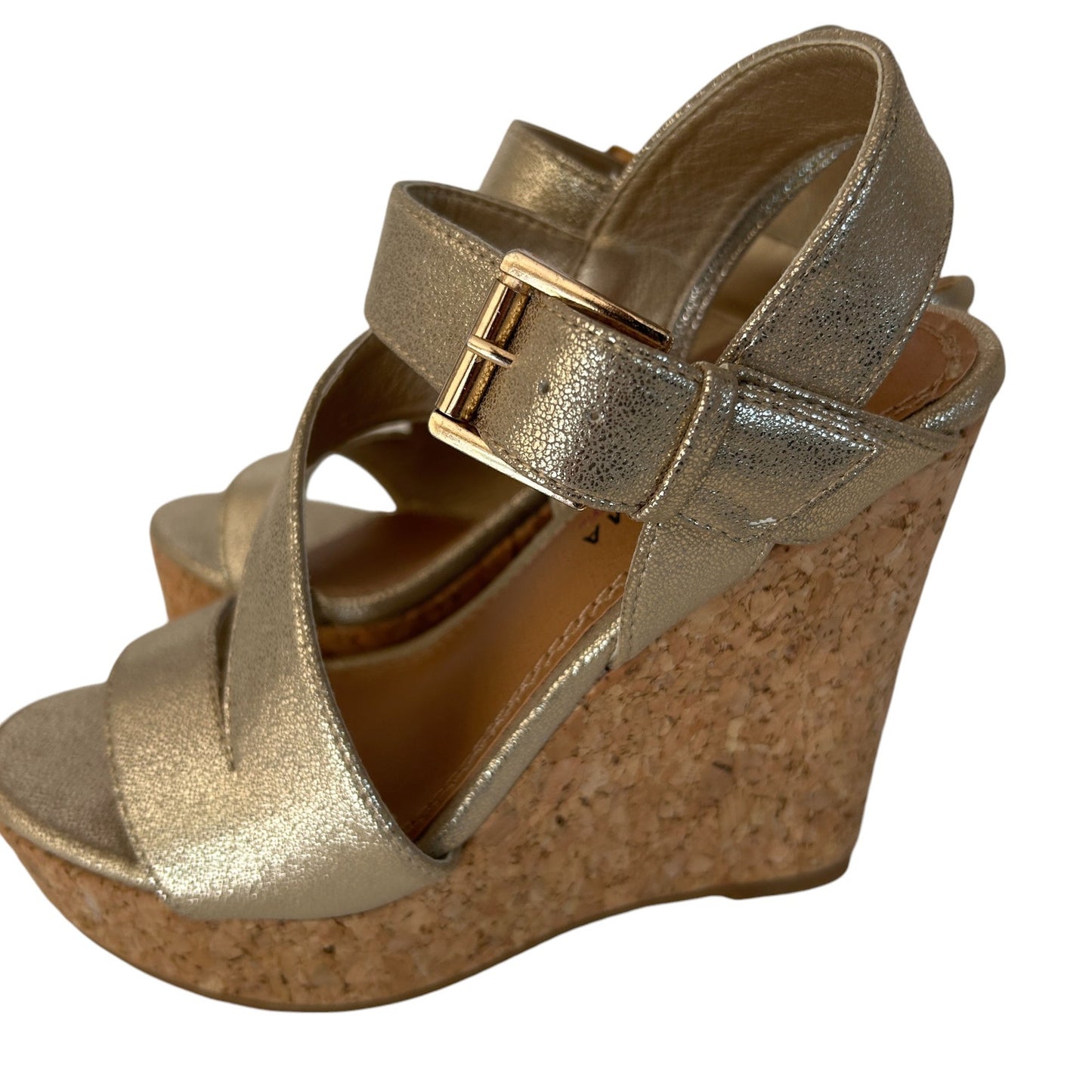 Kind Karma Gold Ankle Strap Cork Wedge Platform Heels Womens Size 6