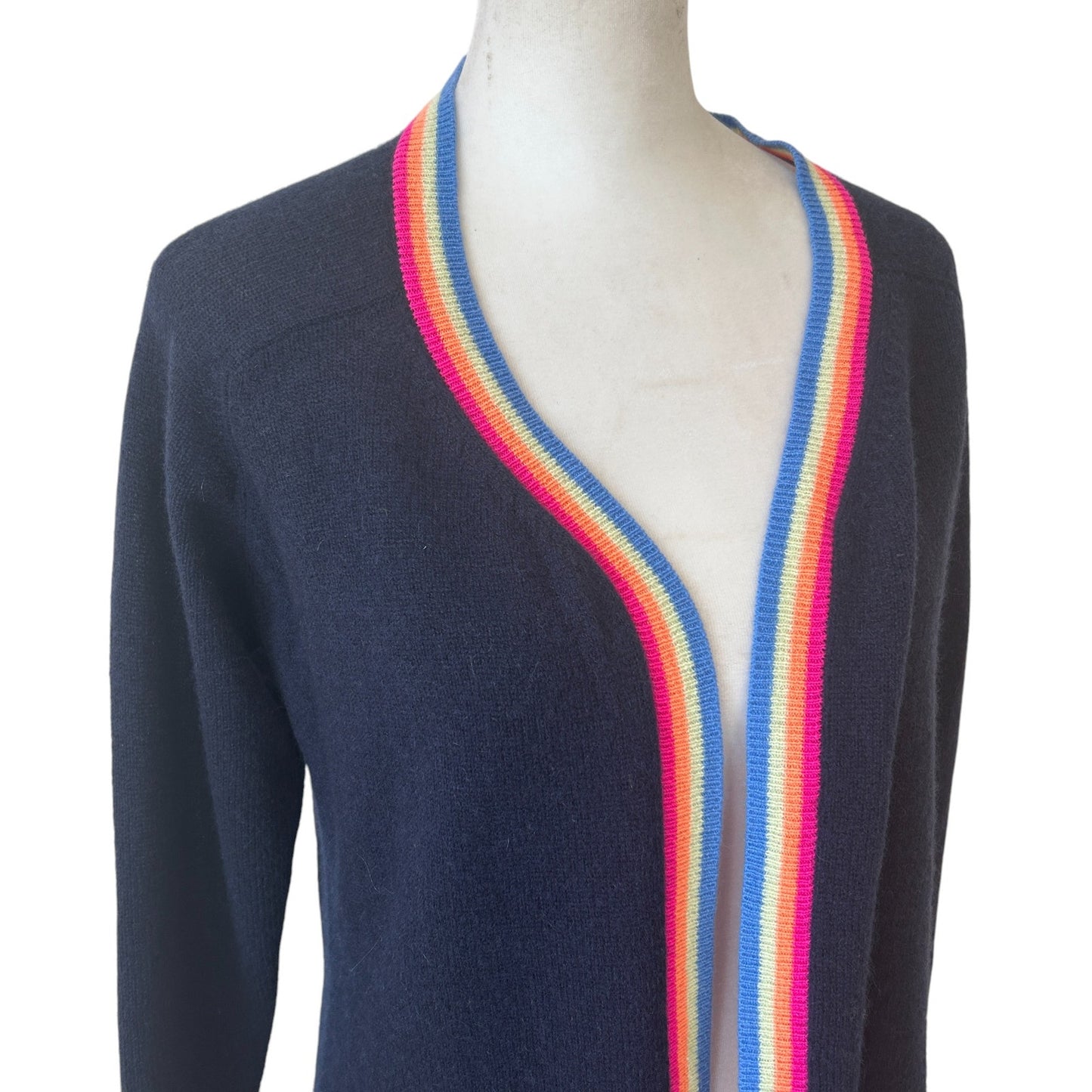 Hannah Rose NWT Navy Blue Rainbow Trim Cashmere Cardigan Womens Size Small NEW