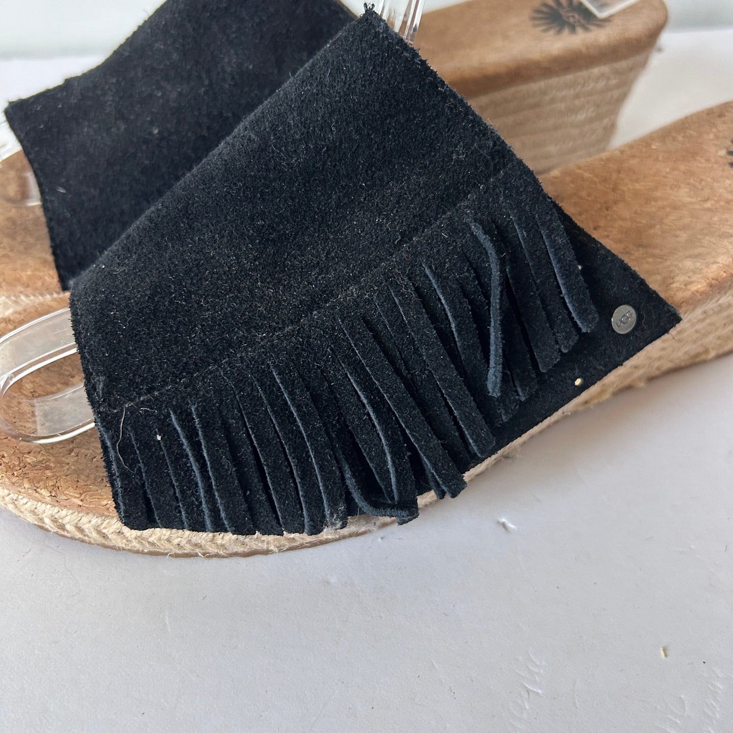 Ugg Womens Dane Wedge Heel Espadrille Black Suede Fringe Sandals Womens Size 10