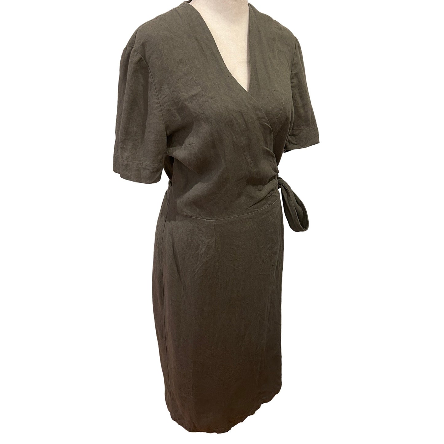 Love and Confuse Olive Green V-Neck Linen Wrap Dress Size Small Classic Minimal