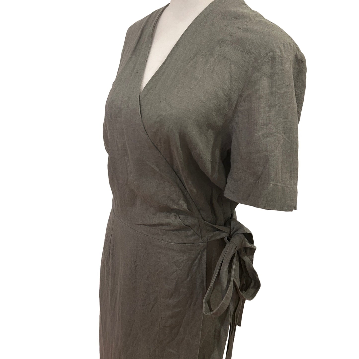 Love and Confuse Olive Green V-Neck Linen Wrap Dress Size Small Classic Minimal