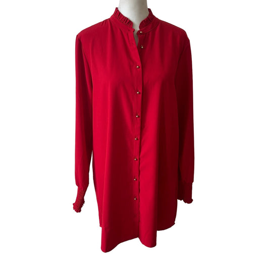 Soft Surroundings Red Ruffled Gold Button Front Short Shirt Dress Size Medium