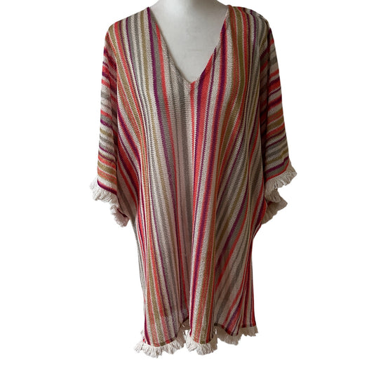 Alexis Pink, Orange, Gold, Cream Striped Boho Fringed Tunic Mini Dress Size M/L