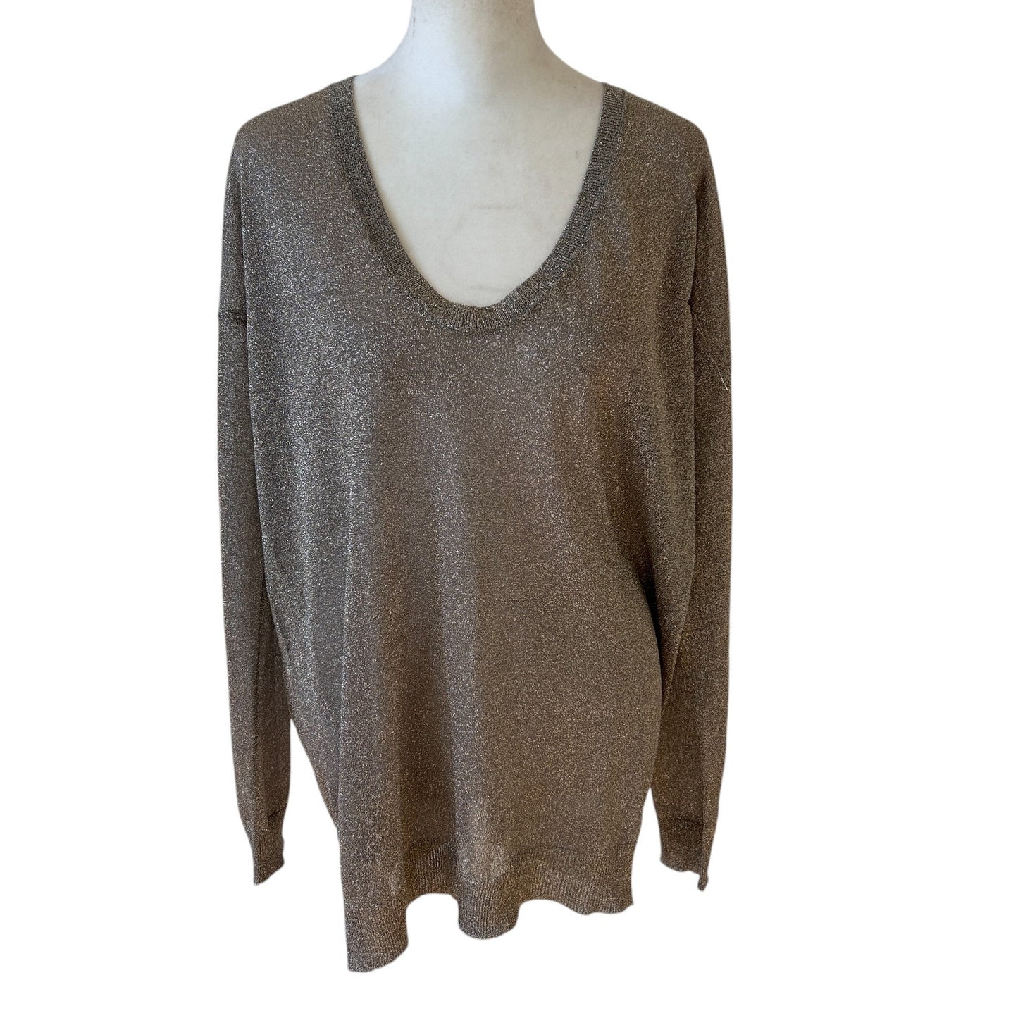 Vince Taupe Gold Sparkly Long Sleeve V-Neck Sheer Knit Sweater Womens Size Large