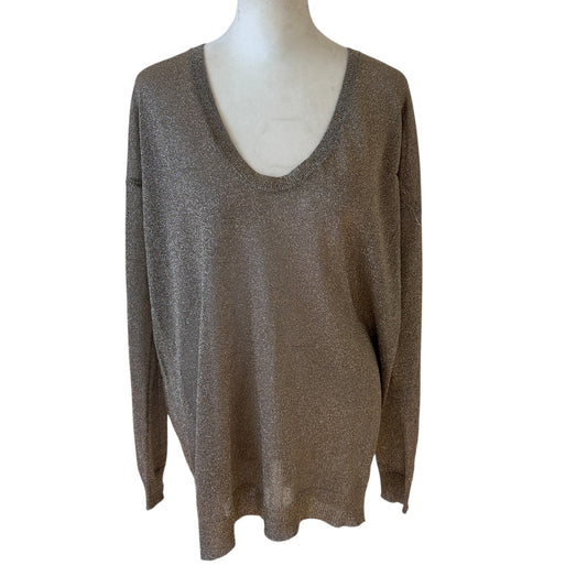 Vince Taupe Gold Sparkly Long Sleeve V-Neck Sheer Knit Sweater Womens Size Large