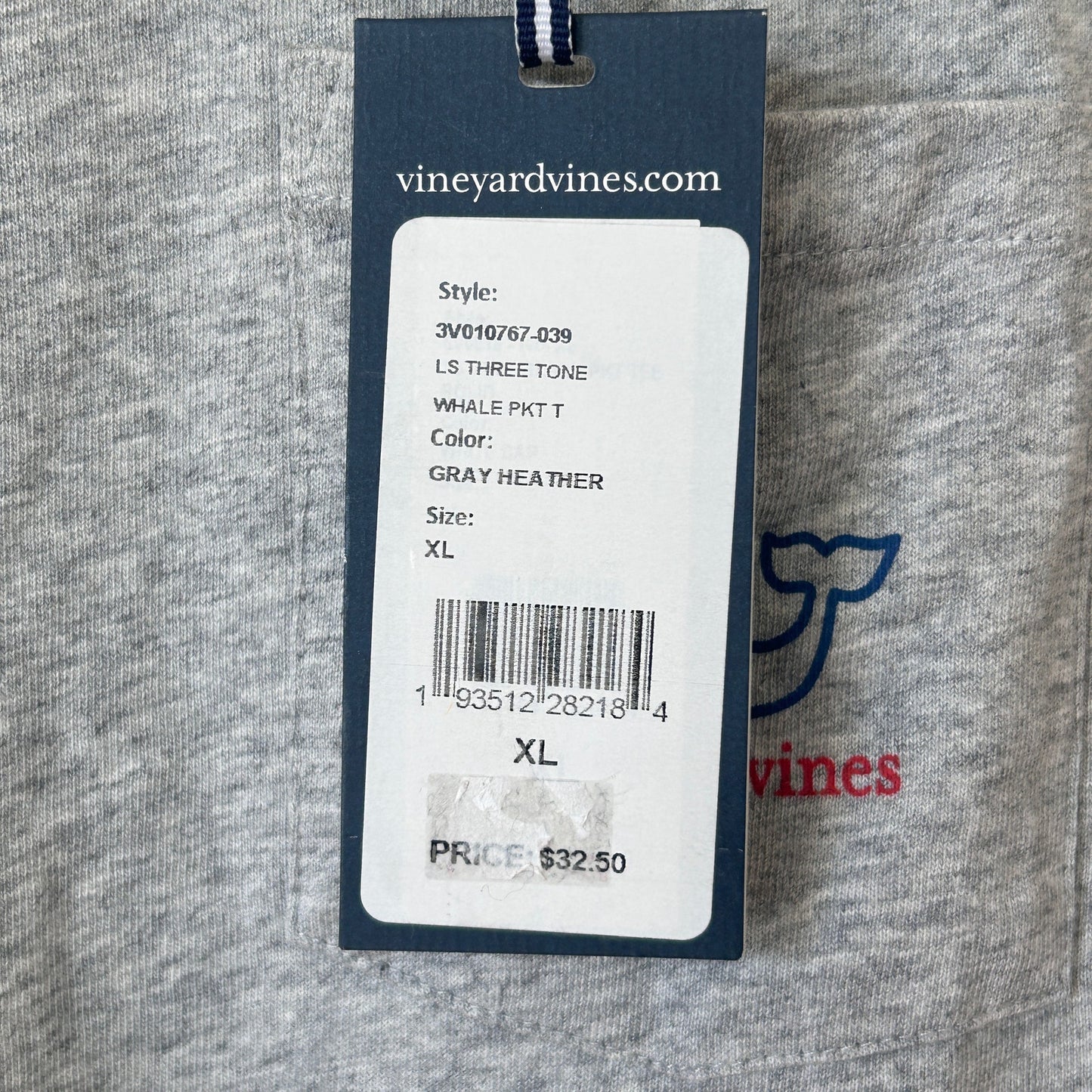 Vineyard Vines Gray Heather Long Sleeve Whale Pocket Tee Size Youth XL NWT