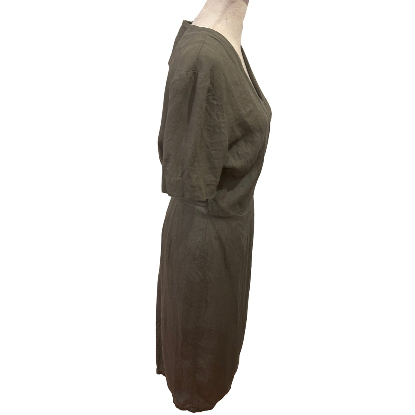 Love and Confuse Olive Green V-Neck Linen Wrap Dress Size Small Classic Minimal