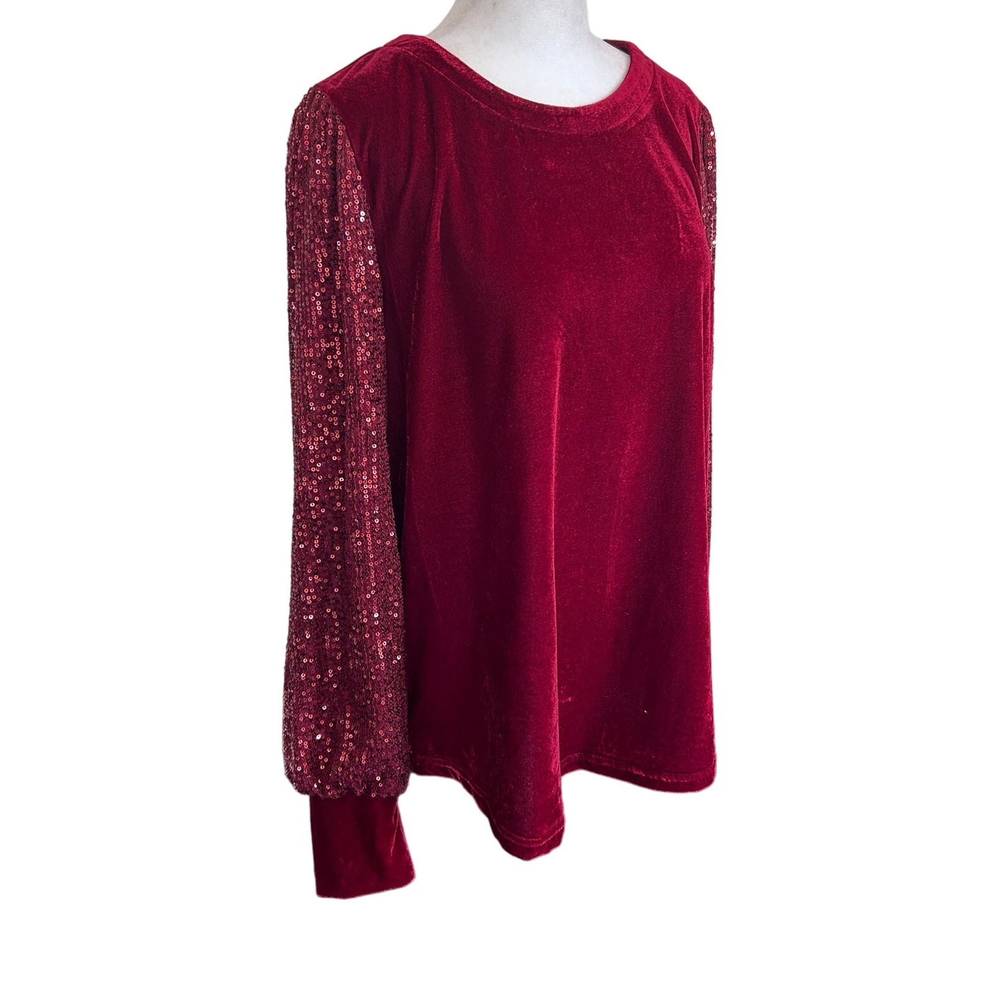 Mystree Burgundy Velvet and Sequin Tunic Pullover Top Womens Size Large