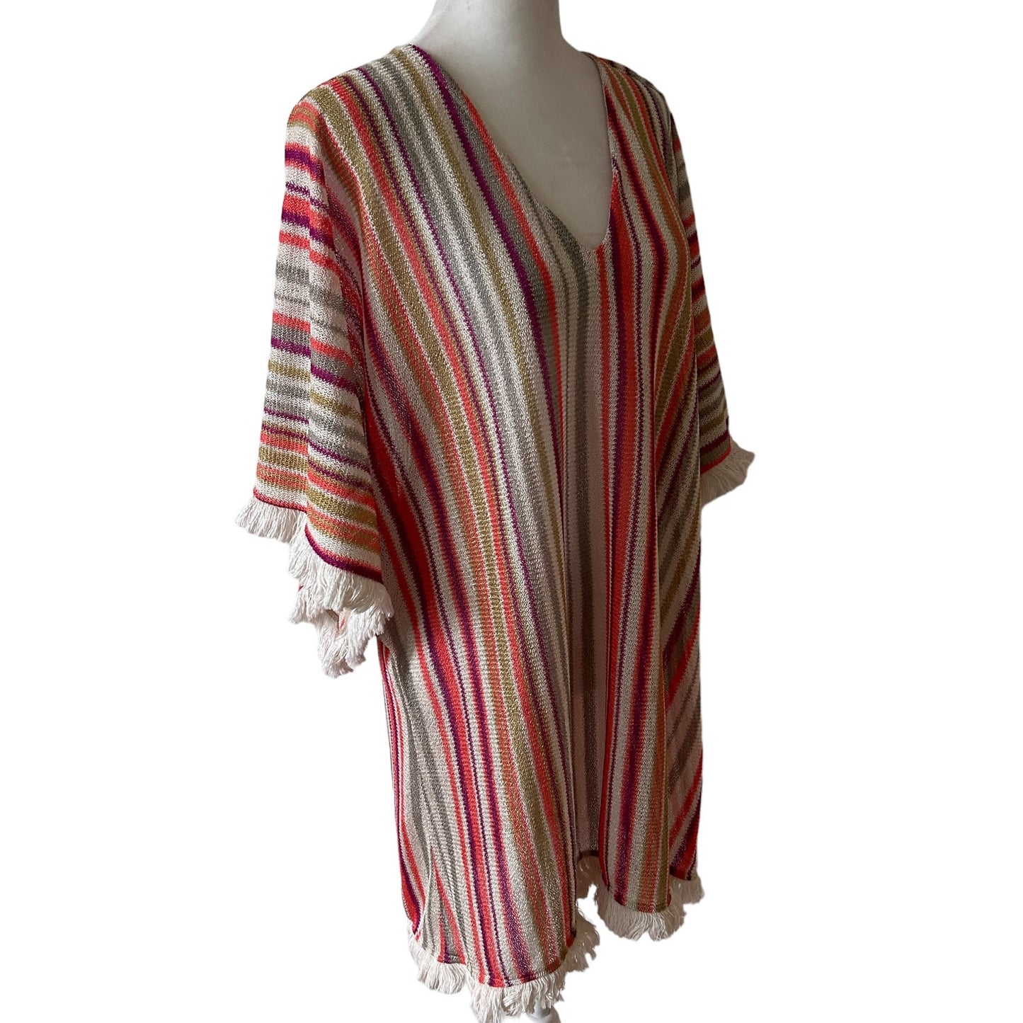 Alexis Pink, Orange, Gold, Cream Striped Boho Fringed Tunic Mini Dress Size M/L