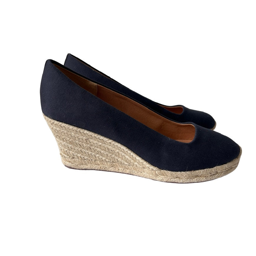 J. Crew Sevillle Espadrille Navy Blue Canvas Wedge Shoes Size 11