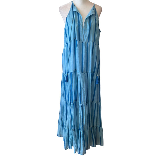 Oliphant Blue Striped Ruffled Maxi Sundress Dress Boho Womens Size Medium