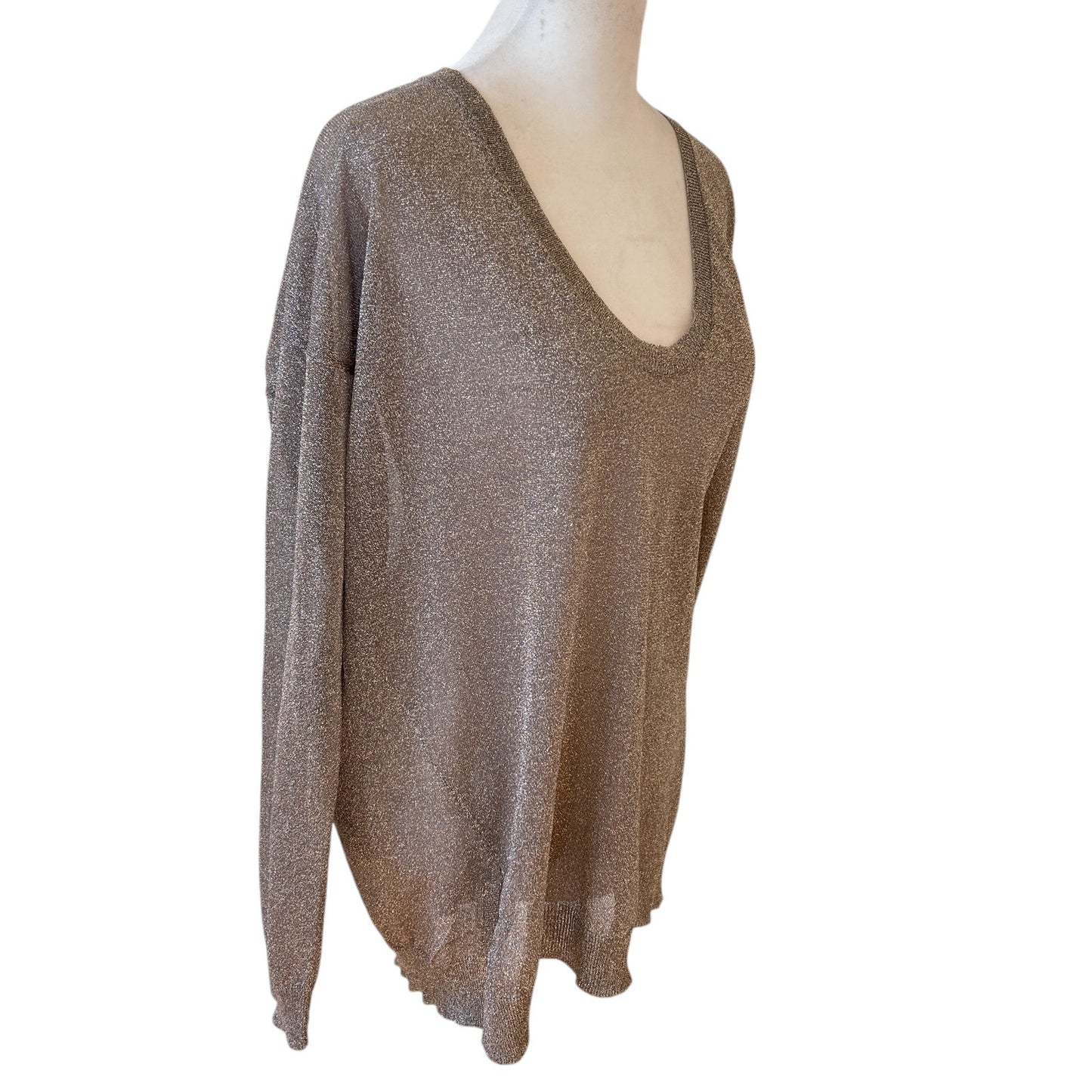 Vince Taupe Gold Sparkly Long Sleeve V-Neck Sheer Knit Sweater Womens Size Large