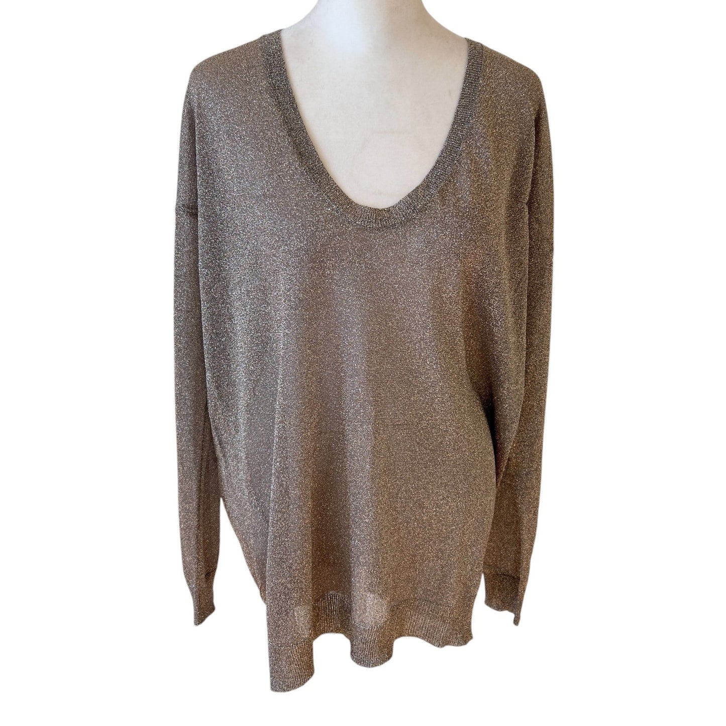 Vince Taupe Gold Sparkly Long Sleeve V-Neck Sheer Knit Sweater Womens Size Large