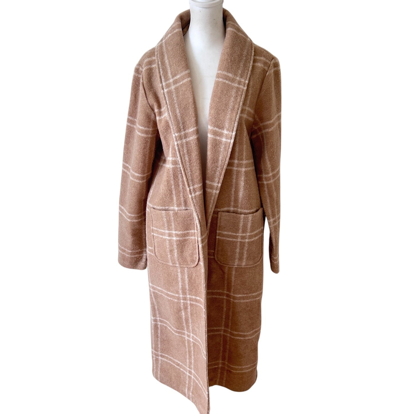 Rachel Zoe Camel Brown and White Plaid Wool Blend Coat Womens Size Large