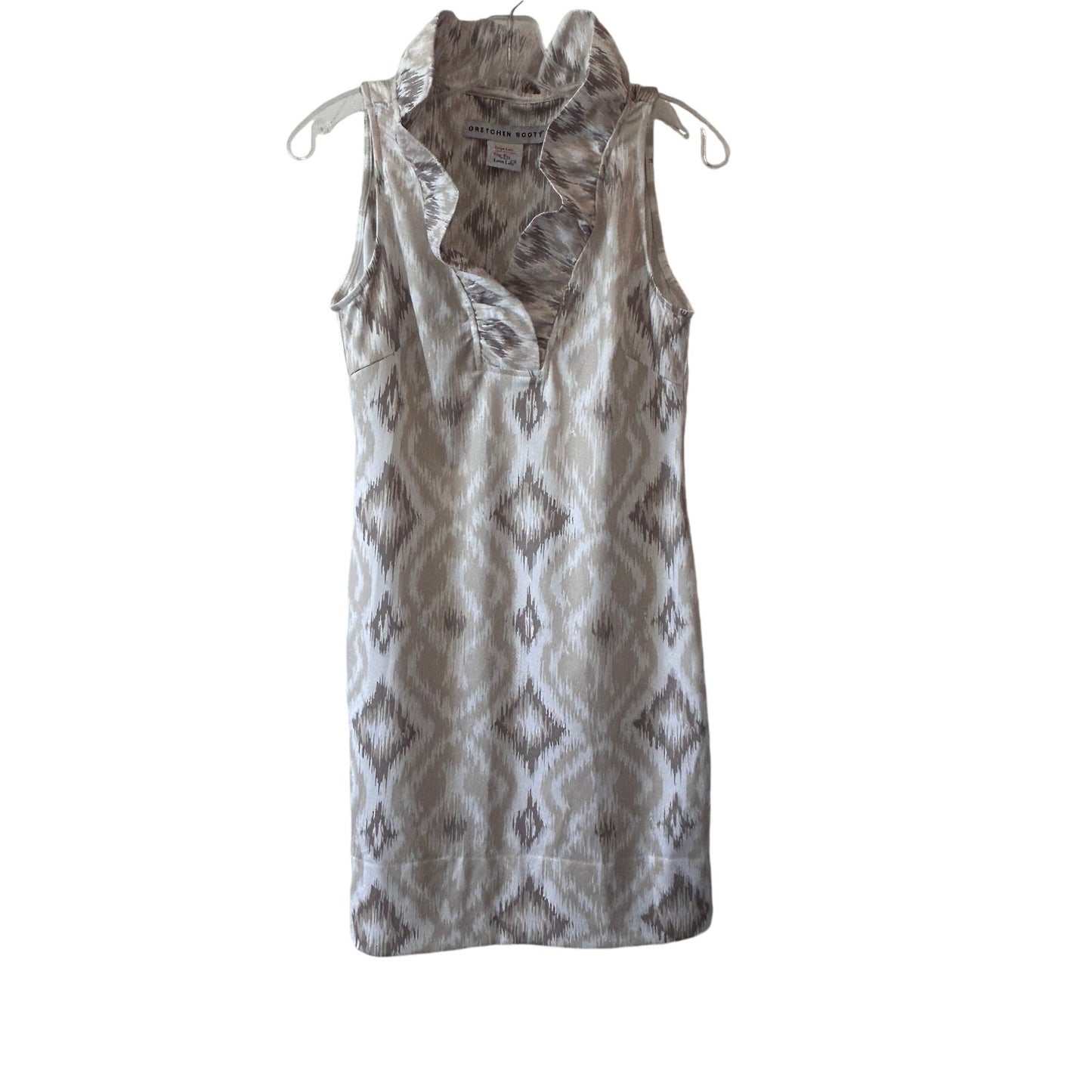 Gretchen Scott Tan and Ivory Ikat Ruffle Neck Sleeveless Stretch Dress Size XS