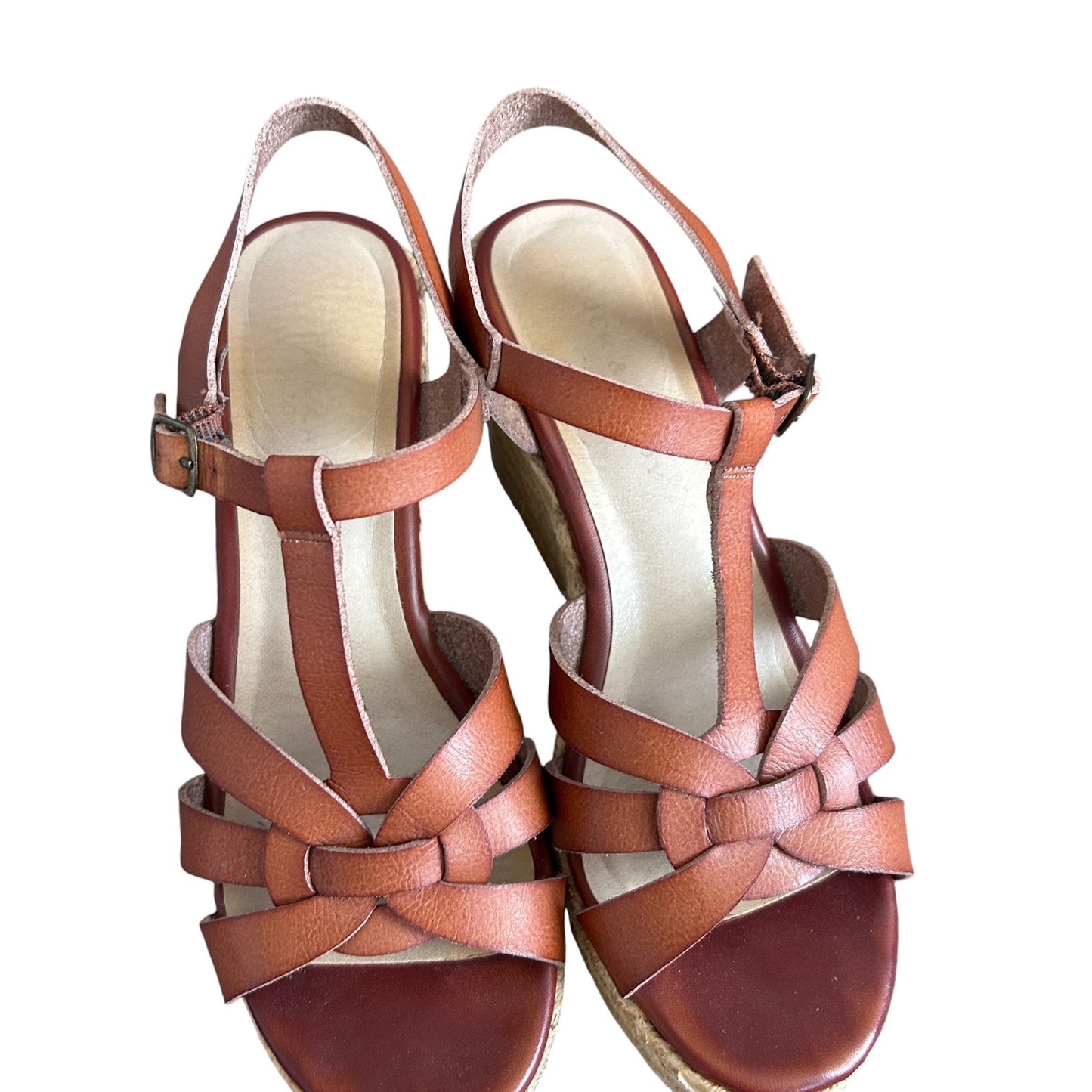 Rock & Candy Brown Leather Strappy Wedge Ankle Strap Sandal Heels Womens Size 7