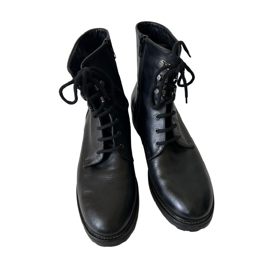 Napoleoni Black Lace Up Zipper Leather Combat Ankle Boots 41 Women's Size 11 US