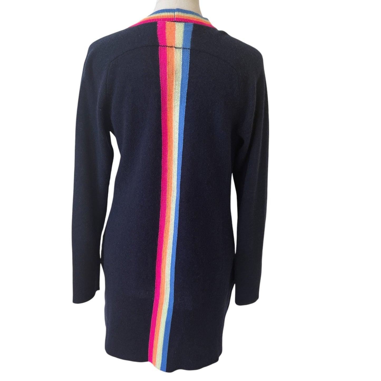 Hannah Rose NWT Navy Blue Rainbow Trim Cashmere Cardigan Womens Size Small NEW