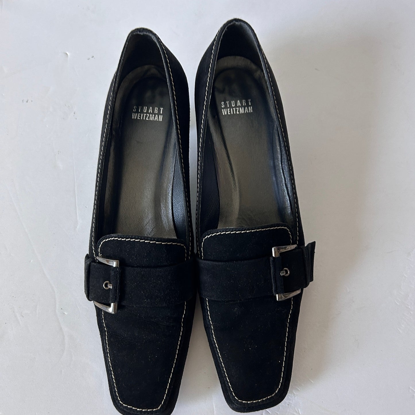 Stuart Weitzman Black Suede Square Toe Kitten Heel Loafers Minister Size 10