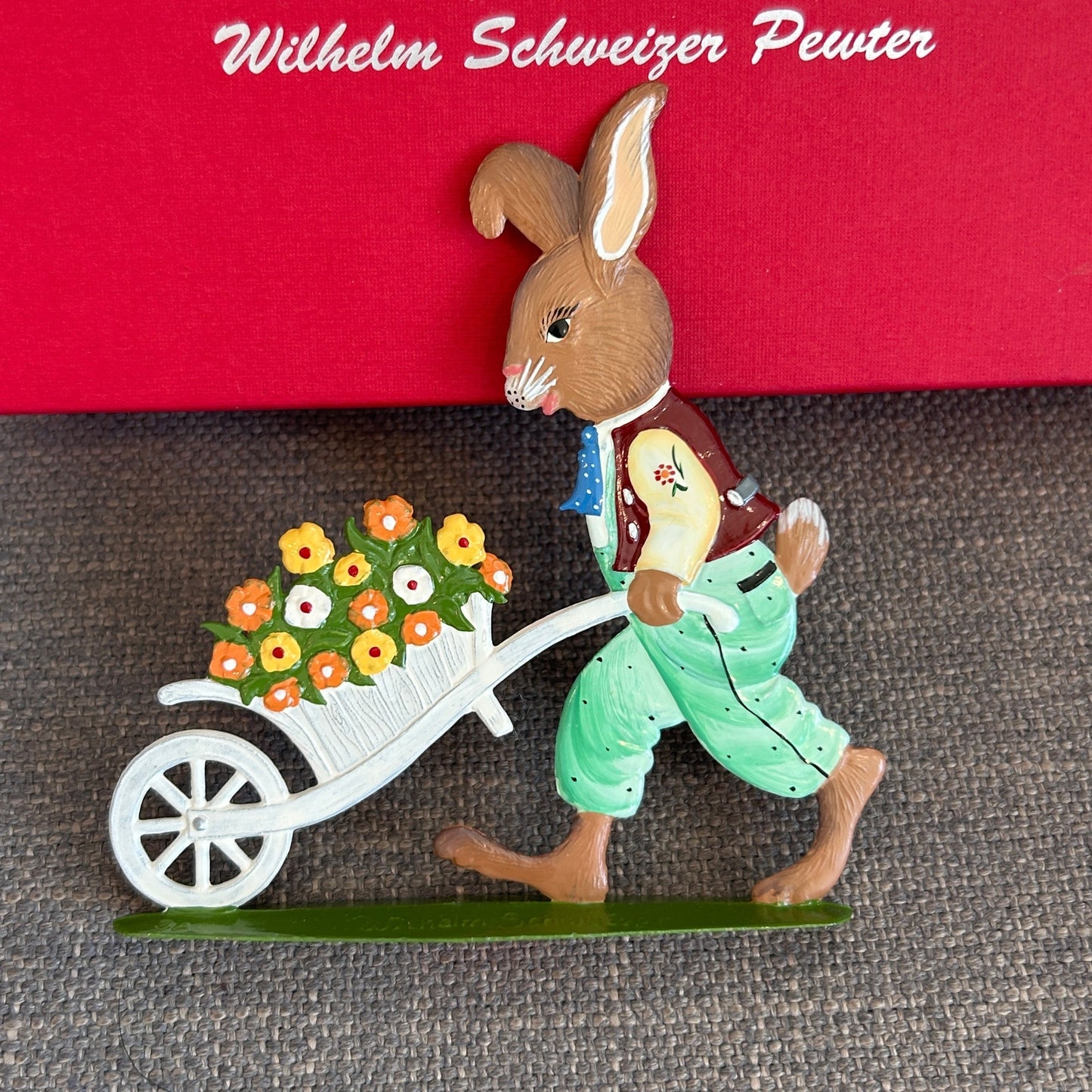 Wilhelm Schweizer Pewter Easter Bunny Pushing Cart of Flowers Figurine