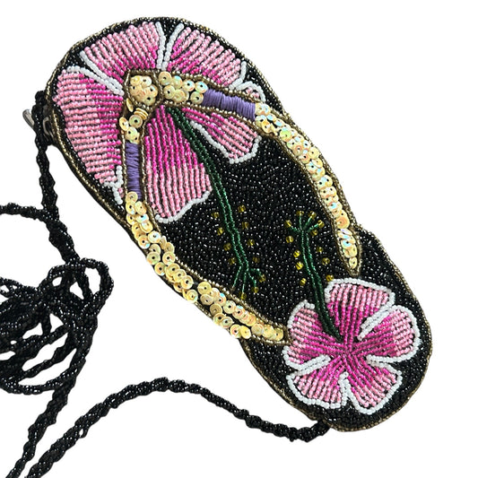 Maui by Design Black, Pink Beaded Flip Flop and Flower Shoulder Bag Crossbody