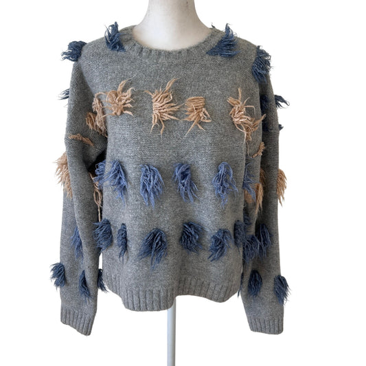 THML Gray, Blue, Tan Fringed Long Sleeve Pullover Sweater Womens Size Small