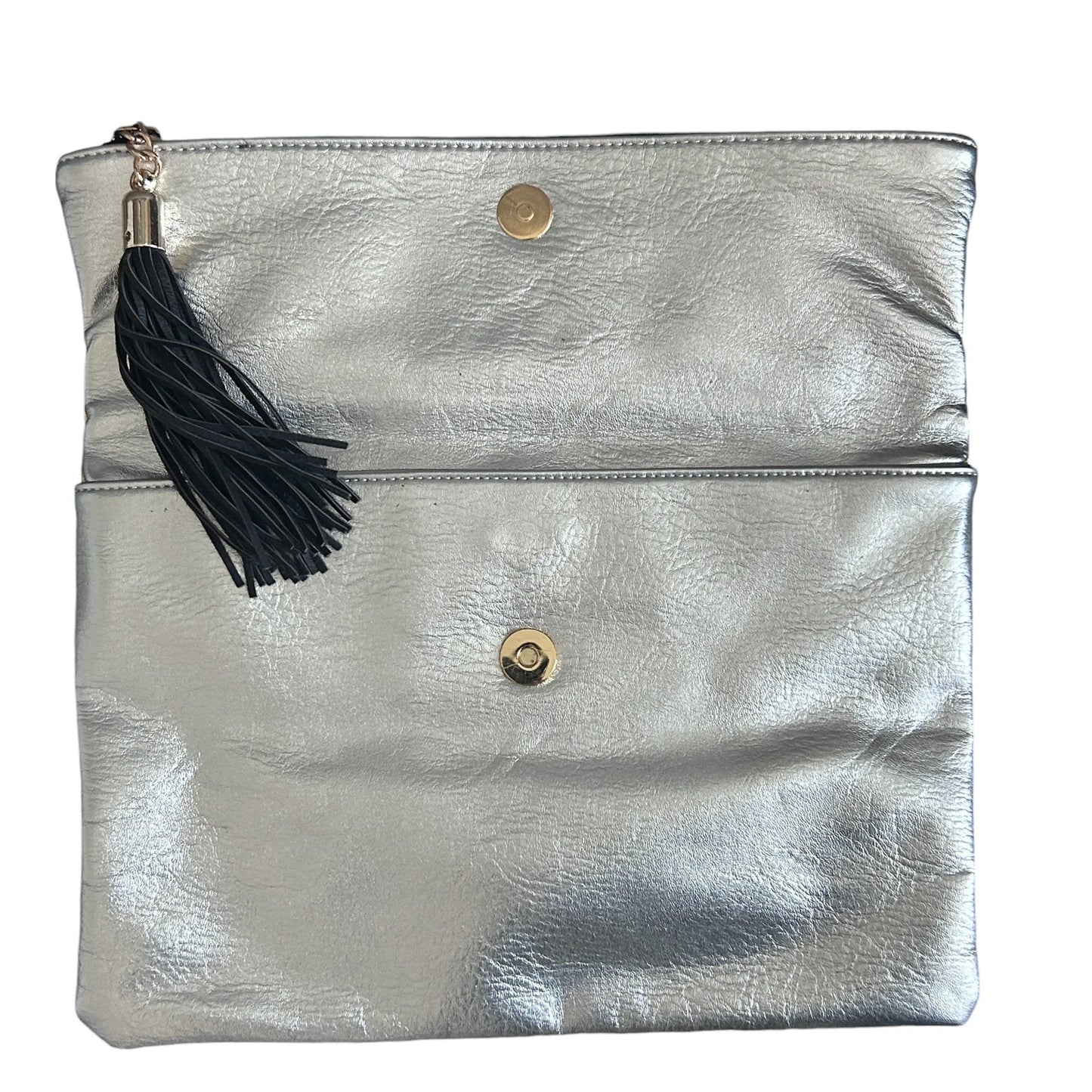 Shiraleah Chicago Gold, Silver Metallic Zip Top Foldover Clutch With Tassle