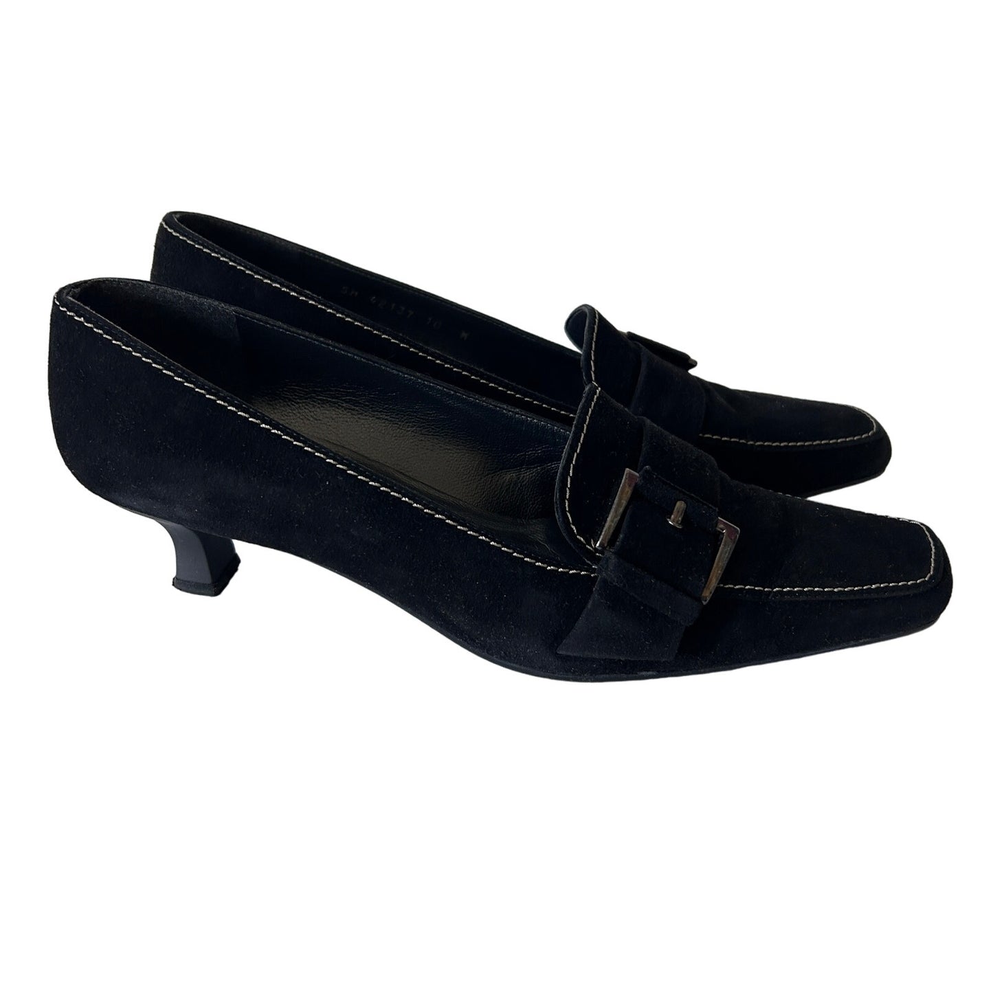 Stuart Weitzman Black Suede Square Toe Kitten Heel Loafers Minister Size 10