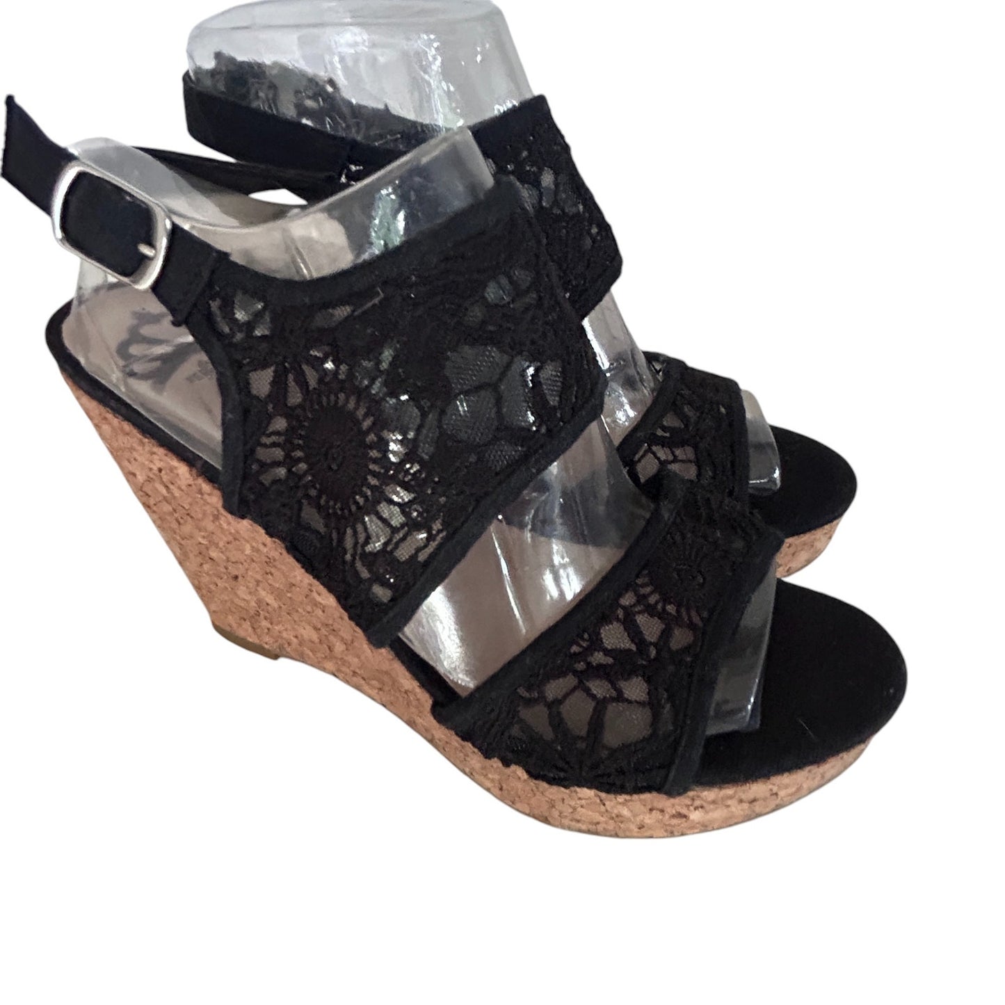 Feralicious Black Lace Cork Wedge Ankle Strap Sandal Heels Womens Size 7