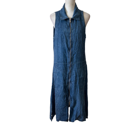 Inizio Blue Linen Sleeveless Asymmetrical Zip Front Midi Dress Italy Size Large