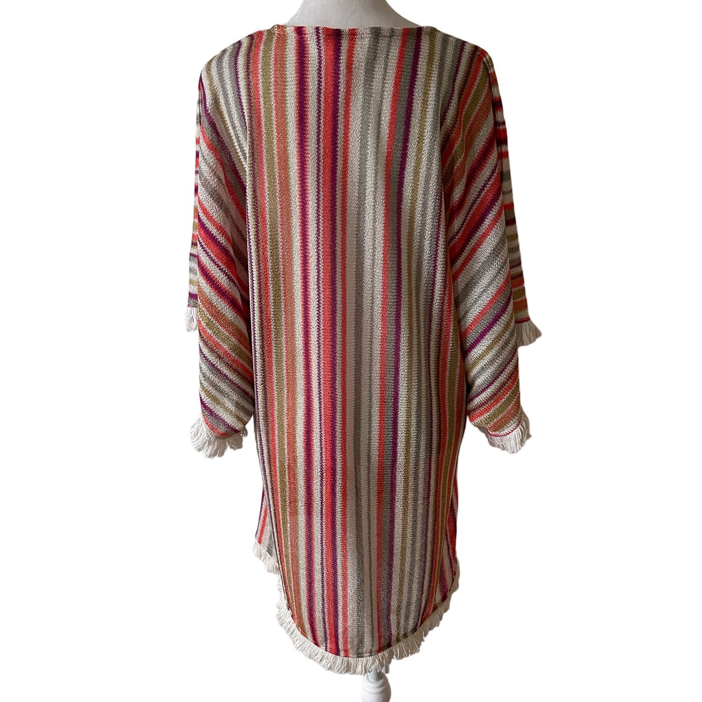 Alexis Pink, Orange, Gold, Cream Striped Boho Fringed Tunic Mini Dress Size M/L