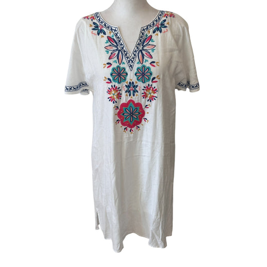 THML White Floral Embroidered V-Neck Boho Mini Shift Dress Womens Size Small NEW