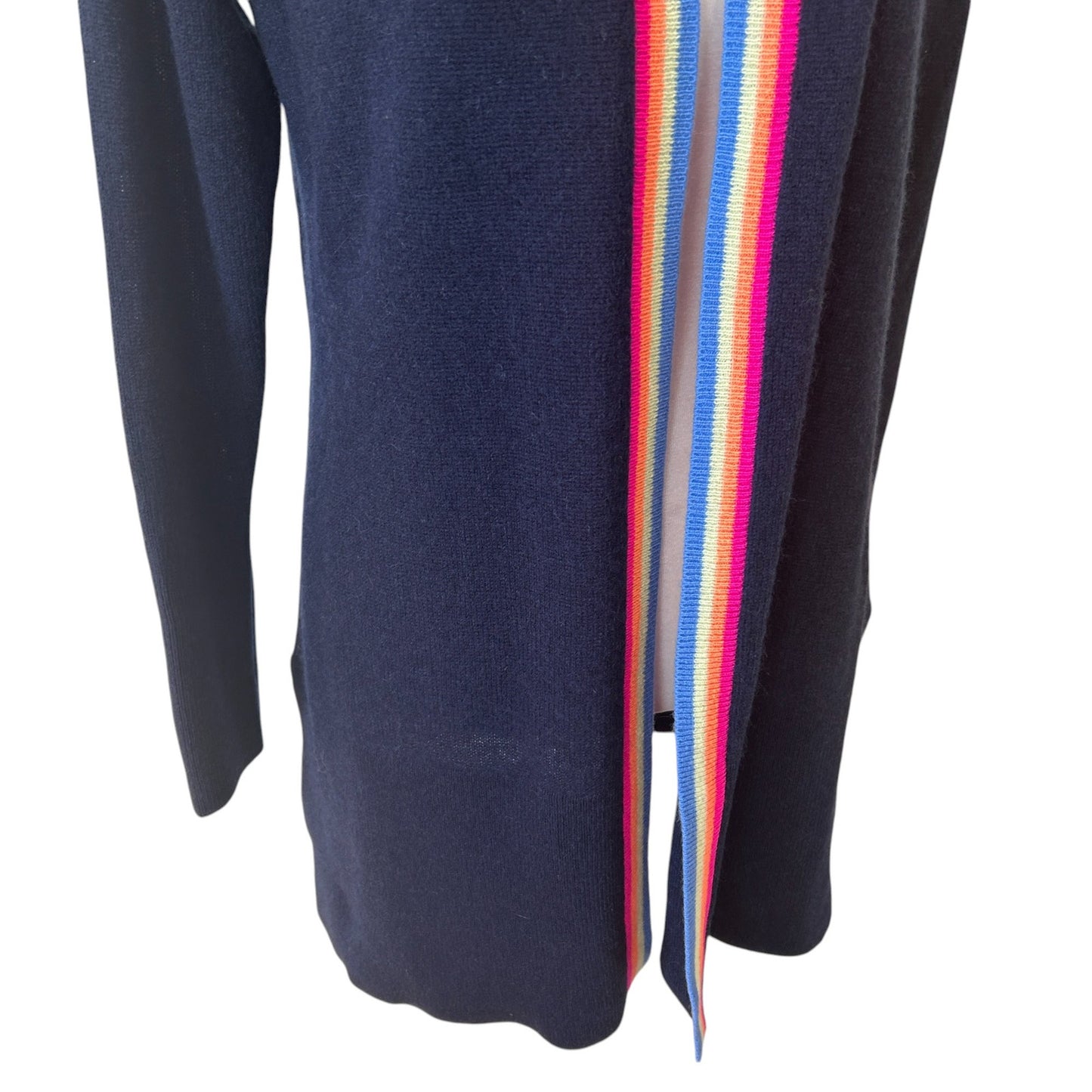 Hannah Rose NWT Navy Blue Rainbow Trim Cashmere Cardigan Womens Size Small NEW