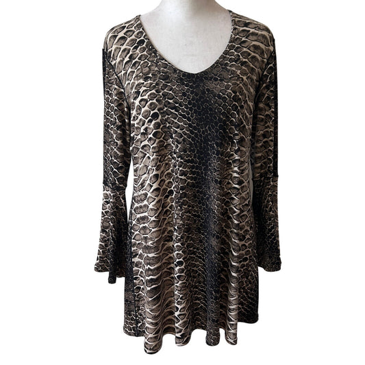 Eva Varro Snakeskin Stretchy Swing Tunic Top Bell Sleeves Womens Size Medium