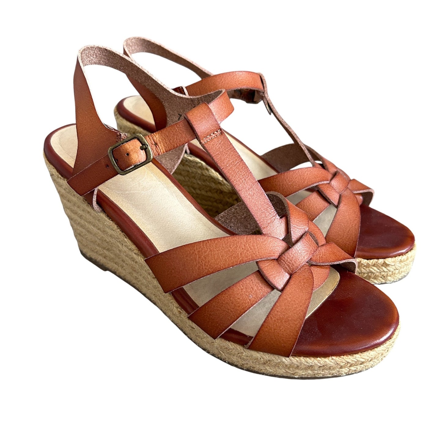 Rock & Candy Brown Leather Strappy Wedge Ankle Strap Sandal Heels Womens Size 7