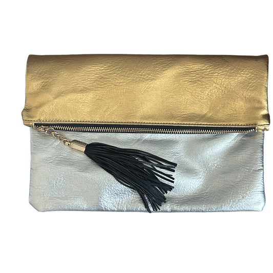 Shiraleah Chicago Gold, Silver Metallic Zip Top Foldover Clutch With Tassle