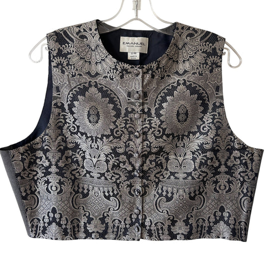 Emanuel Ungaro Vintage Button-Up Cropped Vest Black Gray Floral Womens Size 12