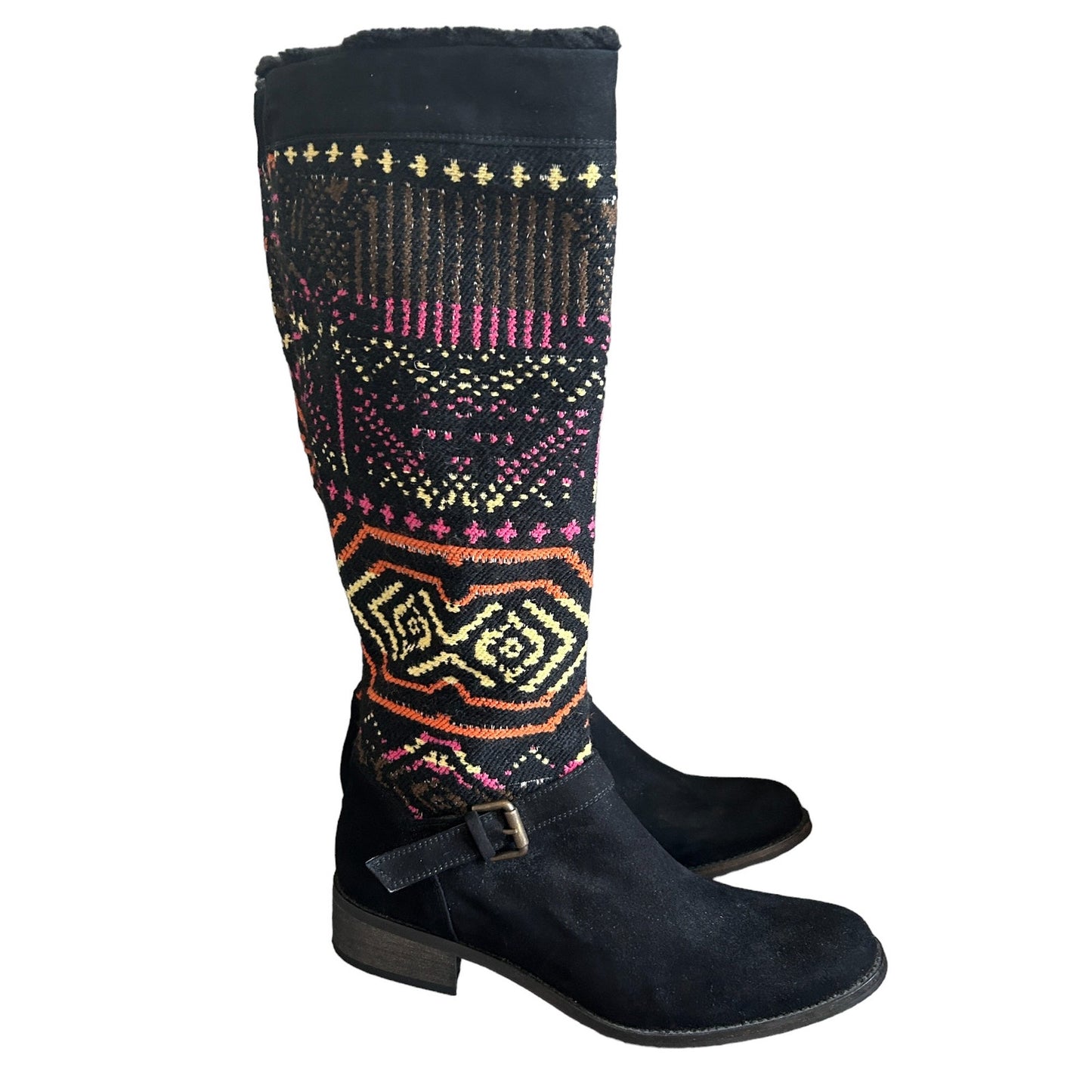 Desigual Black Suede Embroidered Tall Boots Tribal Boho Western Size 39 US 8