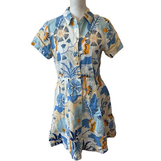 Nicole Miller Linen Blue Orange Floral Button-Up Shirt Dress Womens Size XS