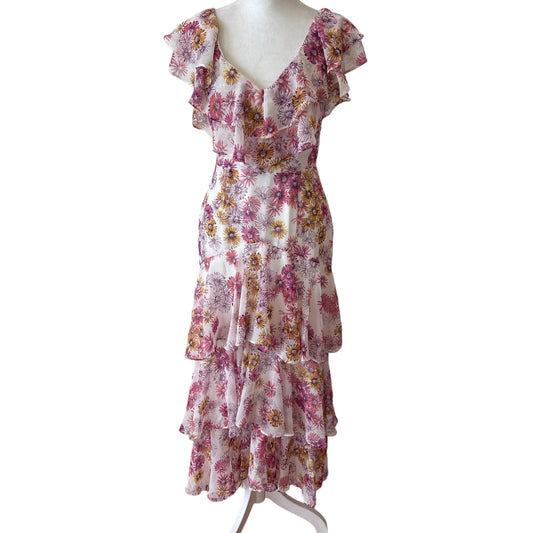 WAYF NEW Magenta Daisies Floral Ruffle Boho MaxiSleeveless Dress Womens Size XS