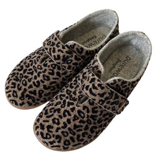 Cosyfeet Diane Slippers Roomy Pure Wool Adjustable Cozy Black Tan Cheetah Size 8